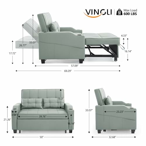 3-in-1 convertible sleeper sofa bed with accent chair, chaise lounge, and sofa bed configurations.