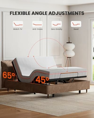 Adjustable bed with flexible angle adjustments for TV, anti-snore, zero gravity, and reading positions.