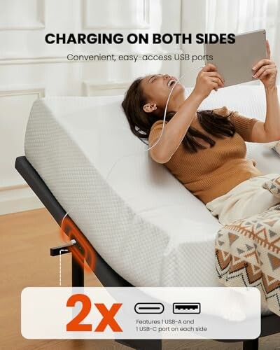 Woman using tablet on adjustable bed with USB charging ports.