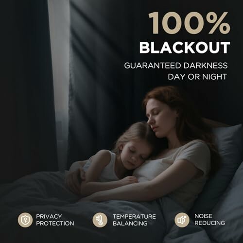 Mother and child sleeping with blackout curtains ensuring darkness.