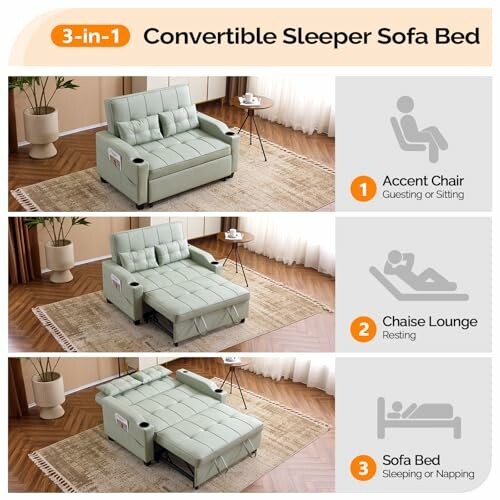 3-in-1 convertible sleeper sofa bed with accent chair, chaise lounge, and sofa bed configurations.