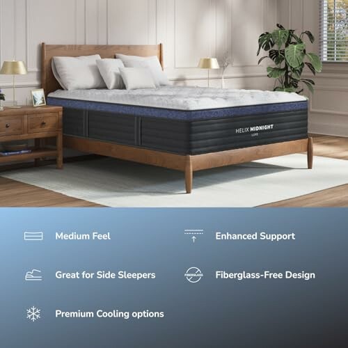 Helix Midnight mattress in a bedroom with features highlighted.