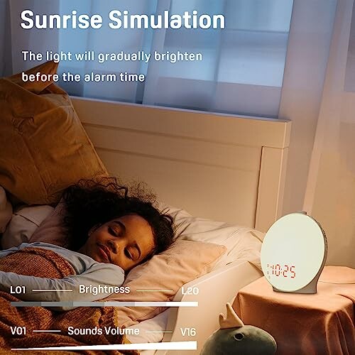 Child sleeping with a sunrise simulation alarm clock on a bedside table.