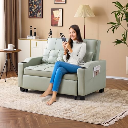 Woman sitting on a green sofa in a living room holding a phone.